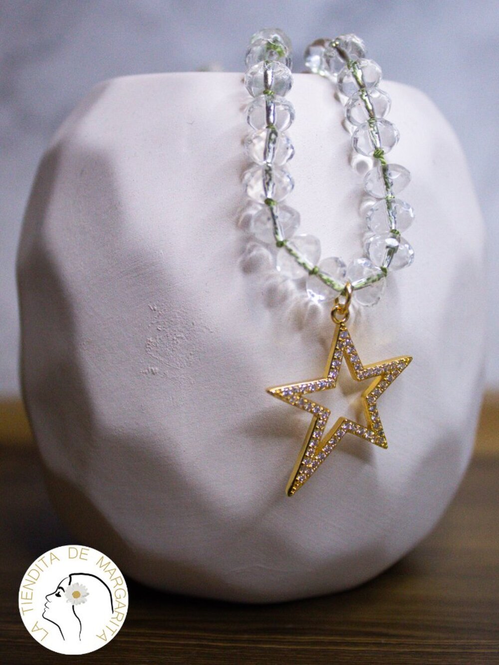 Clear faceted quartz necklace hand knotted